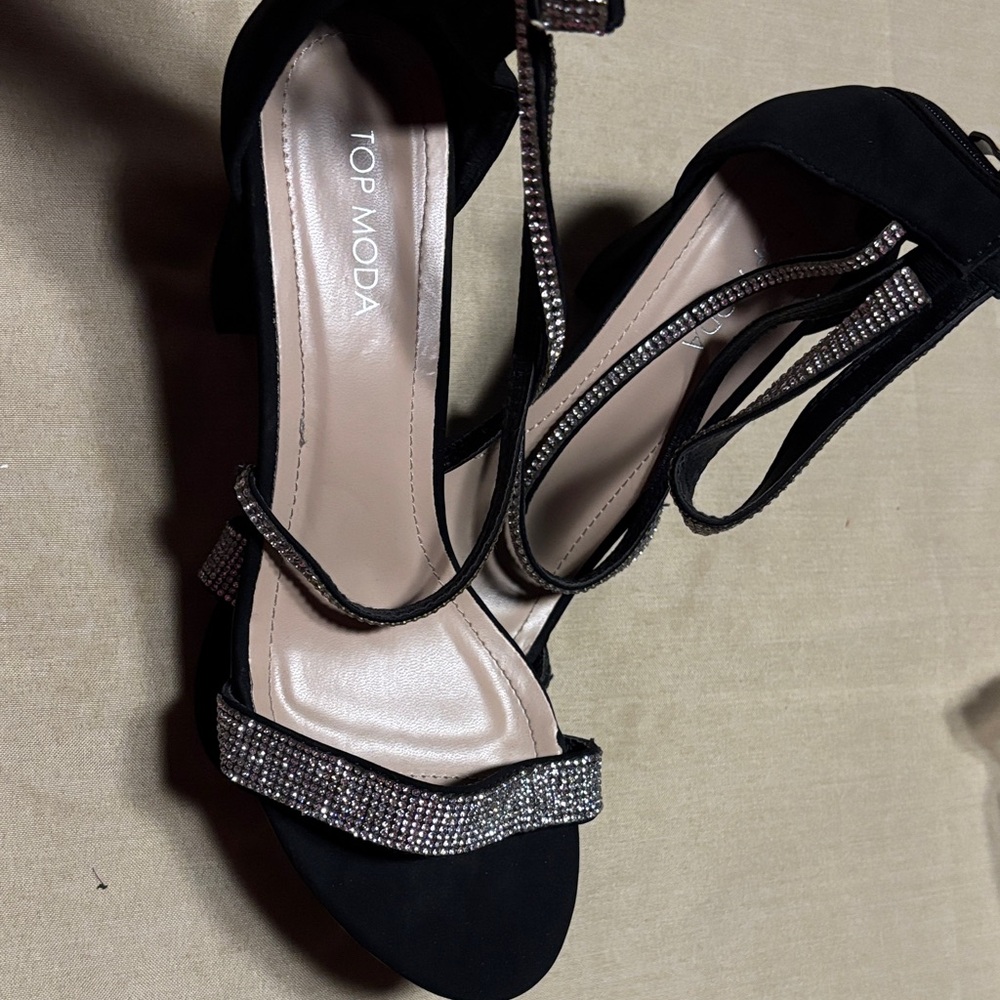 TOP Moda Black Rhinestone Strappy Heels